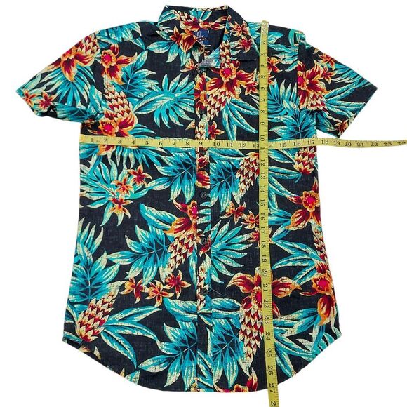George Button Up Slim Fit Shirt Youth XS Black Green Tropical Print Short Sleeve - Picture 6 of 8